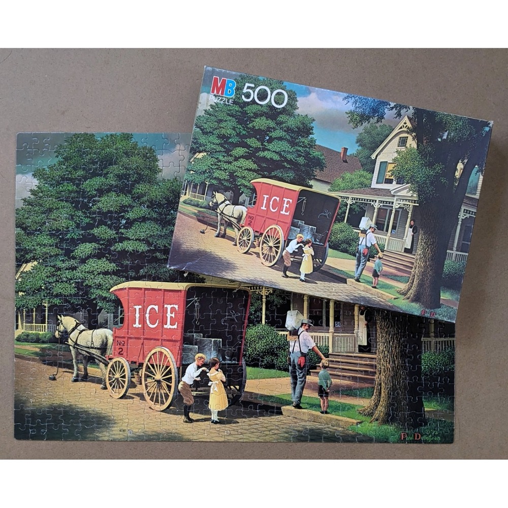 Vintage Paul Detlefsen Puzzle Good Old Days 500 Piece Ice Wagon MB 1982 Complete